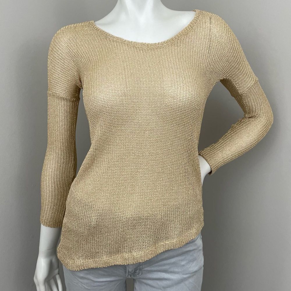 NWT BOBI Gold Metallic Nylon Lightweight Knit Sweater